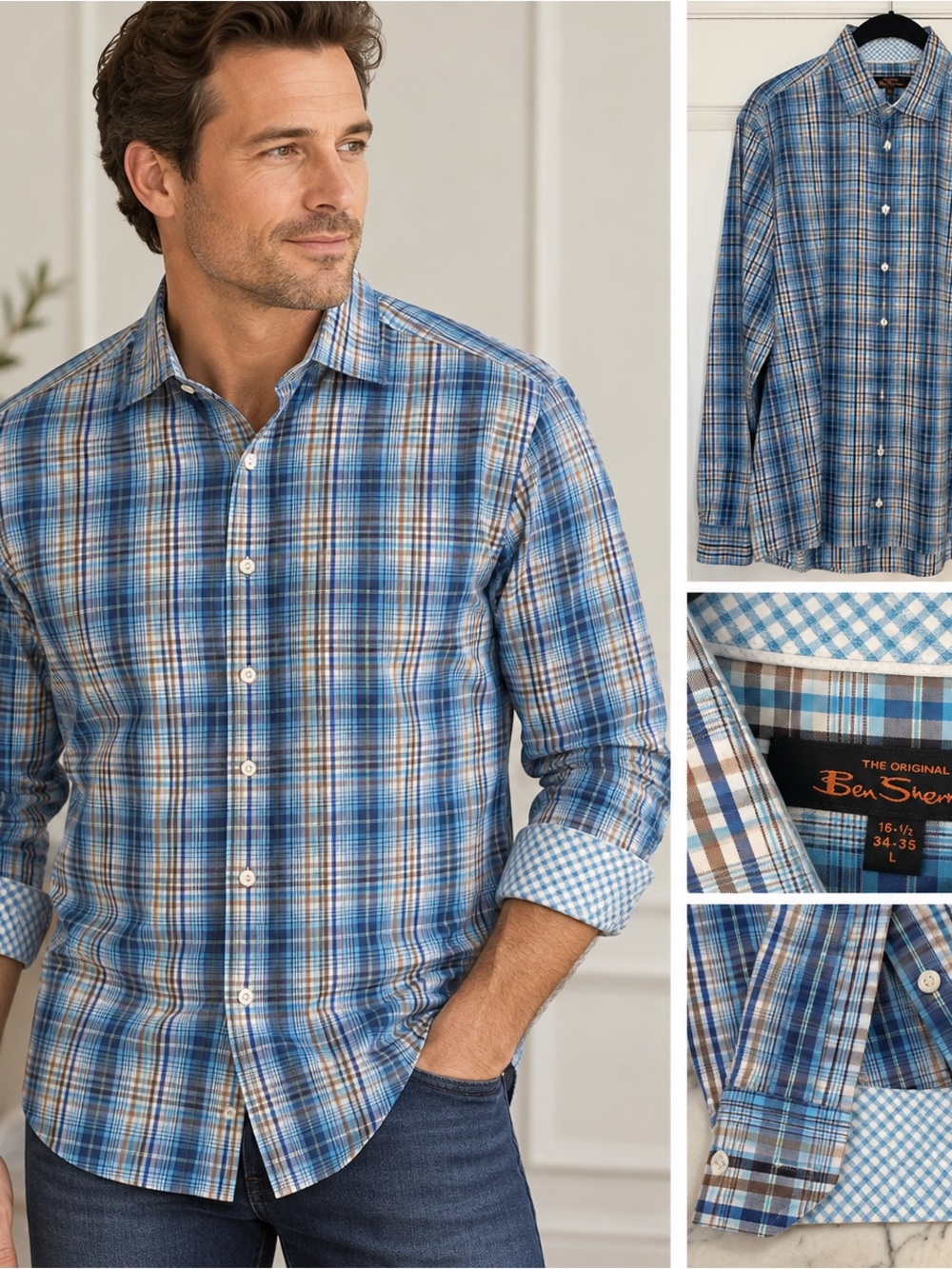 Ben Sherman Blue and Tan Plaid Button-Down Shirt, Large